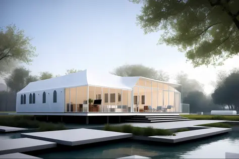 Modern architecture, dreamy, intricate, dramatic, high-class, prefabricated architecture, white tent, photo, DSLR, best quality