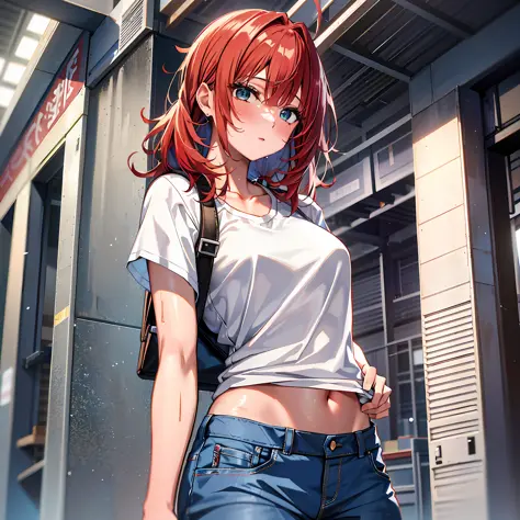 anime girl with red hair and blue jeans standing in front of a building, rings asuka iwakura station game, anime style 4 k, rin,...