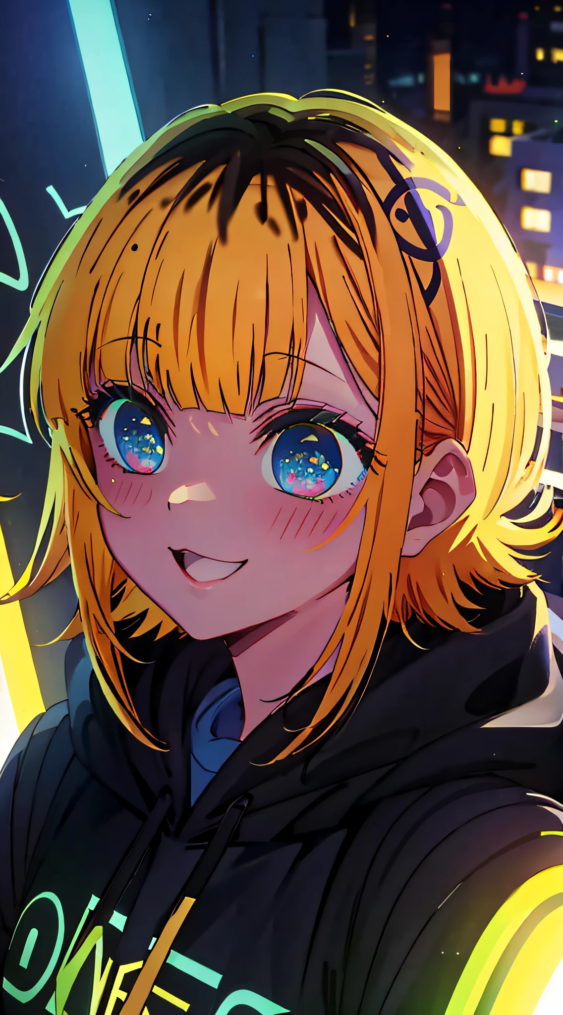 detailed background, masterpiece, best quality, smile, ornament, hoodie, portrait, yellow neon, graffiti, dark, night, glowing eyes, blacklight