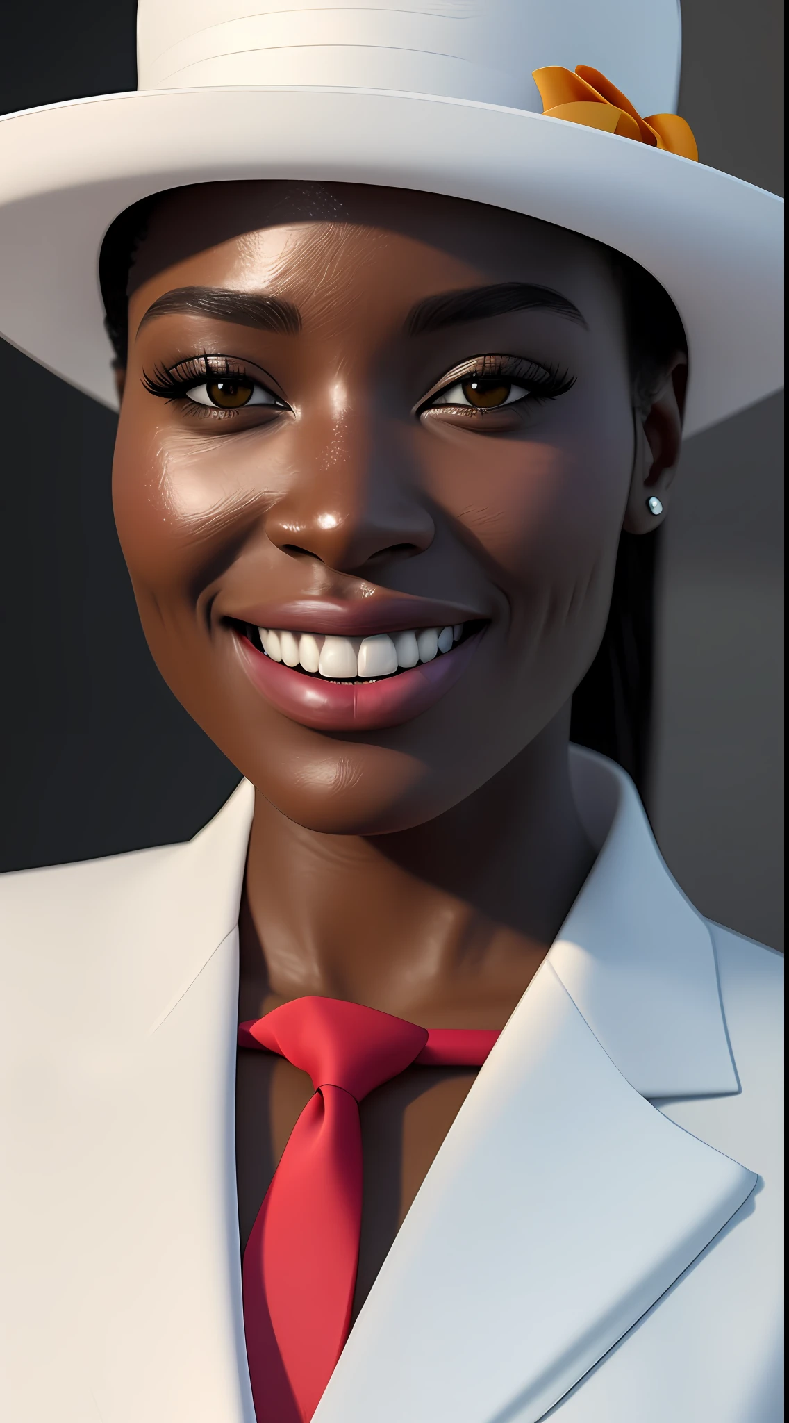 ultrarealism, {{{{portrait}}}}, {{extremely realistic}}, {{photoultrarealistic}}, 1 beautiful black woman in white suit and red tie with {{white hat}}, {{perfect eyes,}} is in a bar full of people having a beer, she smiling, cheerful, happy, extremely detailed face, intricate details, high resolution illustration, sharp focus, octane rendering, 8k, dramatic, volumetric lighting, ultra-realistic and super detailed face details