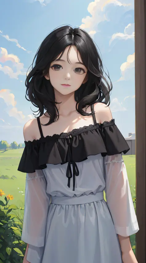 (masterpiece, best quality:1.4), looking at viewer, (on_front:1.2), bright sky,
(wavy hair:0.8), black hair, cloudy sky, sunlight, upper_body, off shoulder, summer, day,