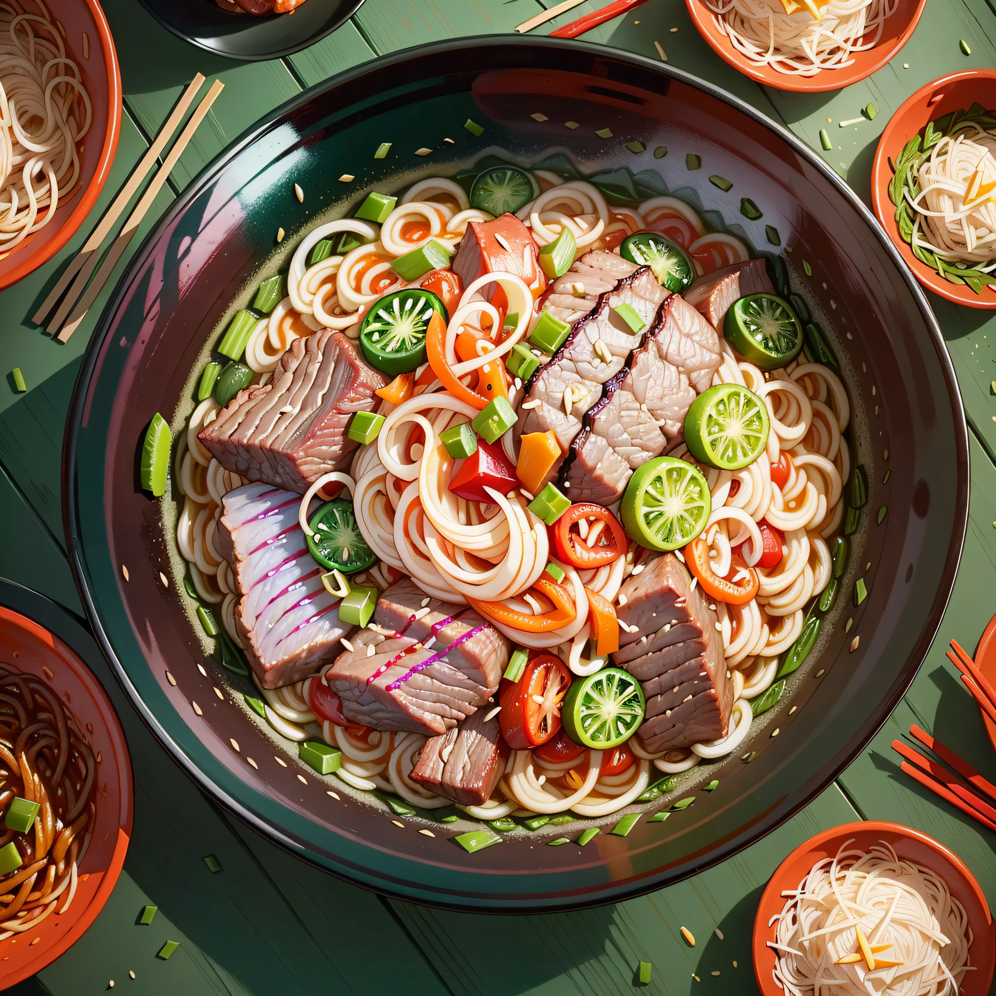 Primer plano de un plato de fideos de ternera con carne rara, cebollas verdes, pimientos rojos, fideos iridiscentes, Imágenes de comida surrealista, tema completo en la foto, un par de palillos recogiendo fideos, aceite rojo, Randy Publicación, Híper realista", "súper realista", foto de alta resolución --auto --s2