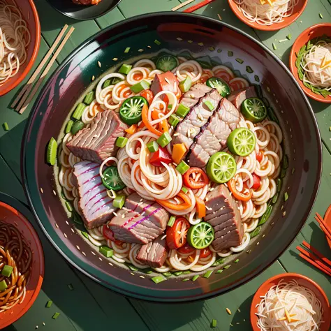 Close-up of a bowl of beef vermicelli with rare beef, green onions, red peppers, iridescent noodles, surreal food images, comple...