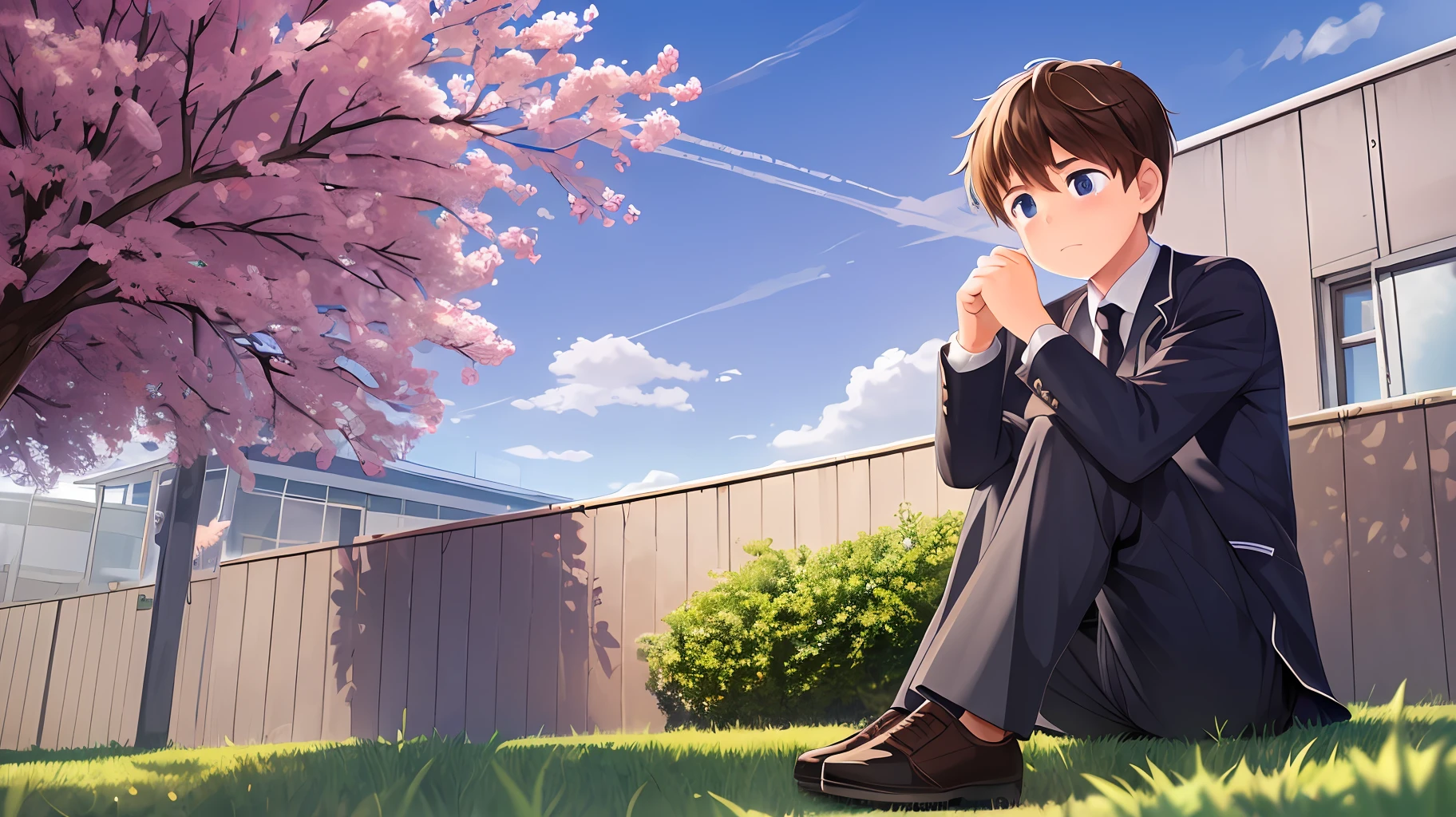 A sad boy, in school uniform, crying under a tree in the schoolyard, other children make fun of him, very detailed, hyper-realistic, 4k --auto --s2