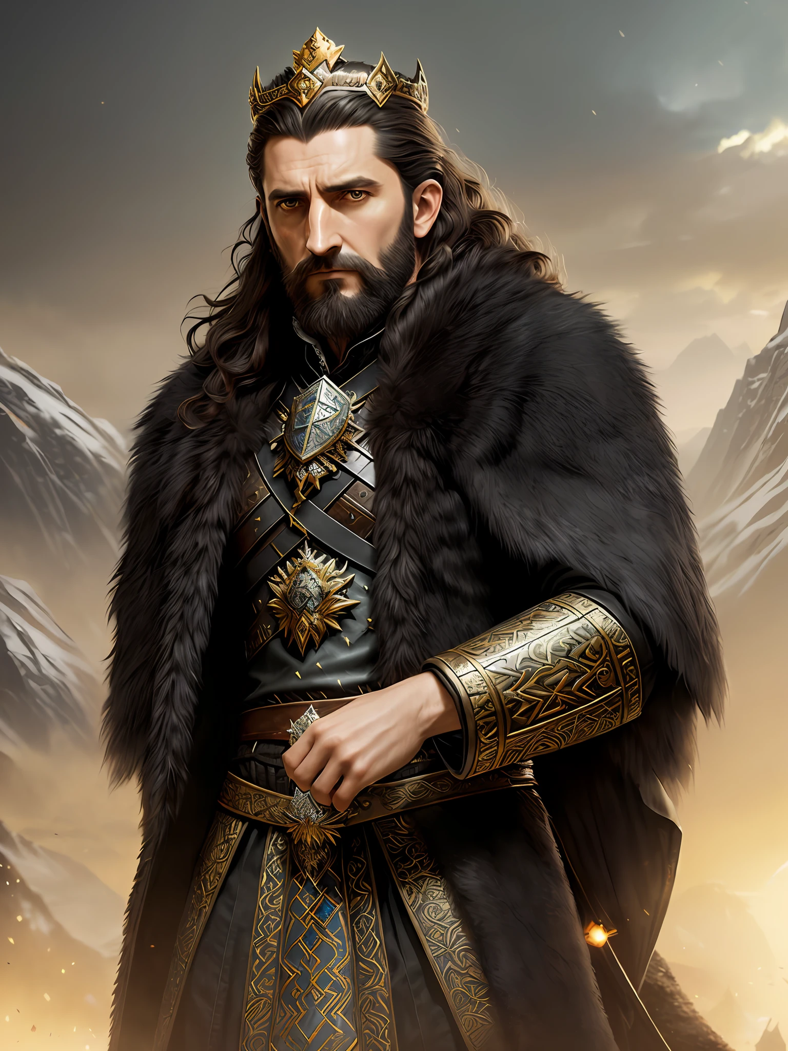 High detail RAW color art, animation, Richard Armitage as Thorin Oakenshield from LOTR, 
(inside the mountain dwarven halls), ((Dwarf king)), ((((crown on head whit Arkenstone))))
Black leather armor,
((dirty Black long curly hair))
huge black wolf fur collar
((against the background of gold placers smaug dragon))
Atey Ghailan, by Jeremy Mann, Greg Manchess, Antonio Moro, trending on ArtStation, trending on CGSociety, Intricate, High Detail, Sharp focus, dramatic, photorealistic painting art by midjourney and greg rutkowski, bokeh on background