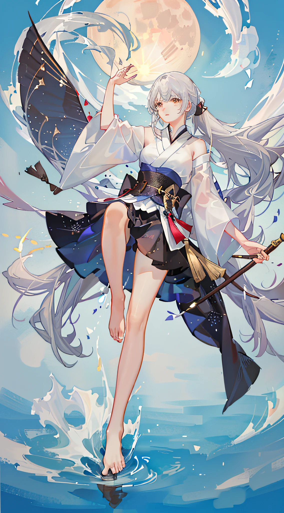 Girl, full body, (face details: 1.2), masterpiece, fashion, hanfu, beautiful night with stars and big moon, medium hair, silver hair, long ponytail, wave bangs, brown eyes, bare foot, clear river, floating above river, foot touch water,