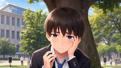 a sad boy, in school uniform, crying under a tree in the schoolyard, other children make fun of him, very detailed, hyper-realis...