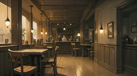 there is a bar with a lot of tables and chairs, cozy cafe background, coffee shop, cafe, cafe interior, pleasant cozy atmosphere...
