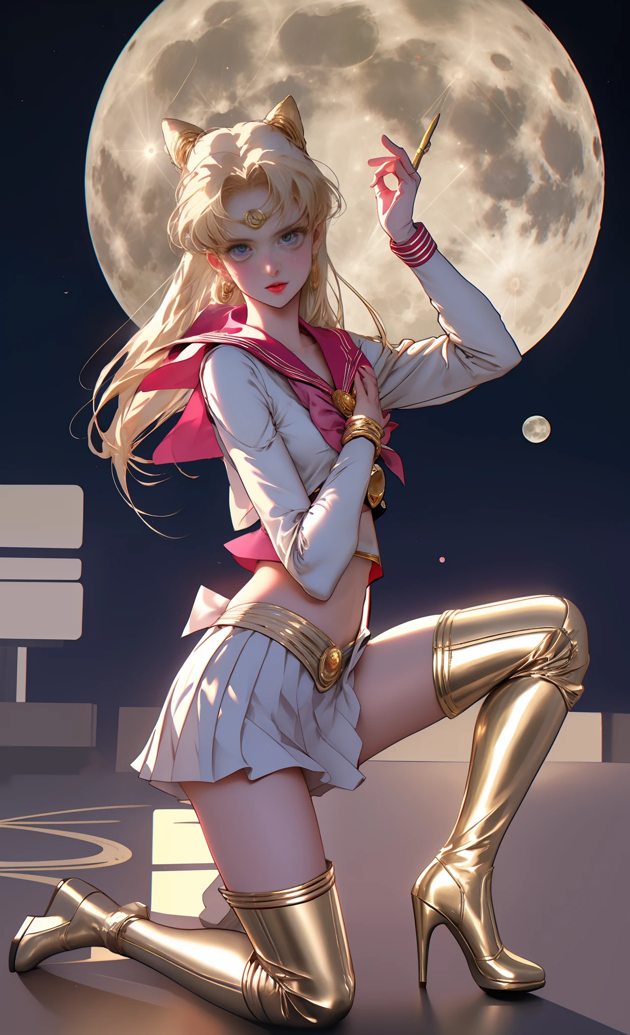 Sailor Moon, sailor Mond, Matrosenanzug, miniskirt, Stiefel mit hohen Absätzen, weiße Stiefel, goldenes Haar, Perfekte Figur, Lange Beine, Perfekte Figur, schönes Gesicht, Mond, Schönheit, kniende Haltung, seitlich zur Kamera, Gesicht schaut in die Kamera, Faltenrock, Hände machen Katzenpose, the background is a huge Mond, Präzise Handstruktur, große Schleife auf der Brust, genaue Struktur, Präzise Beinstruktur, two legs, Beine mit den gleichen Stiefeln, man sieht beide Hände