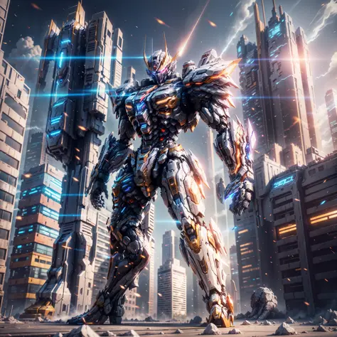 super mech, warrior, tall building, energy cannon fire, tall and mighty, solid armor, futuristic technology, sharp lines, dynami...