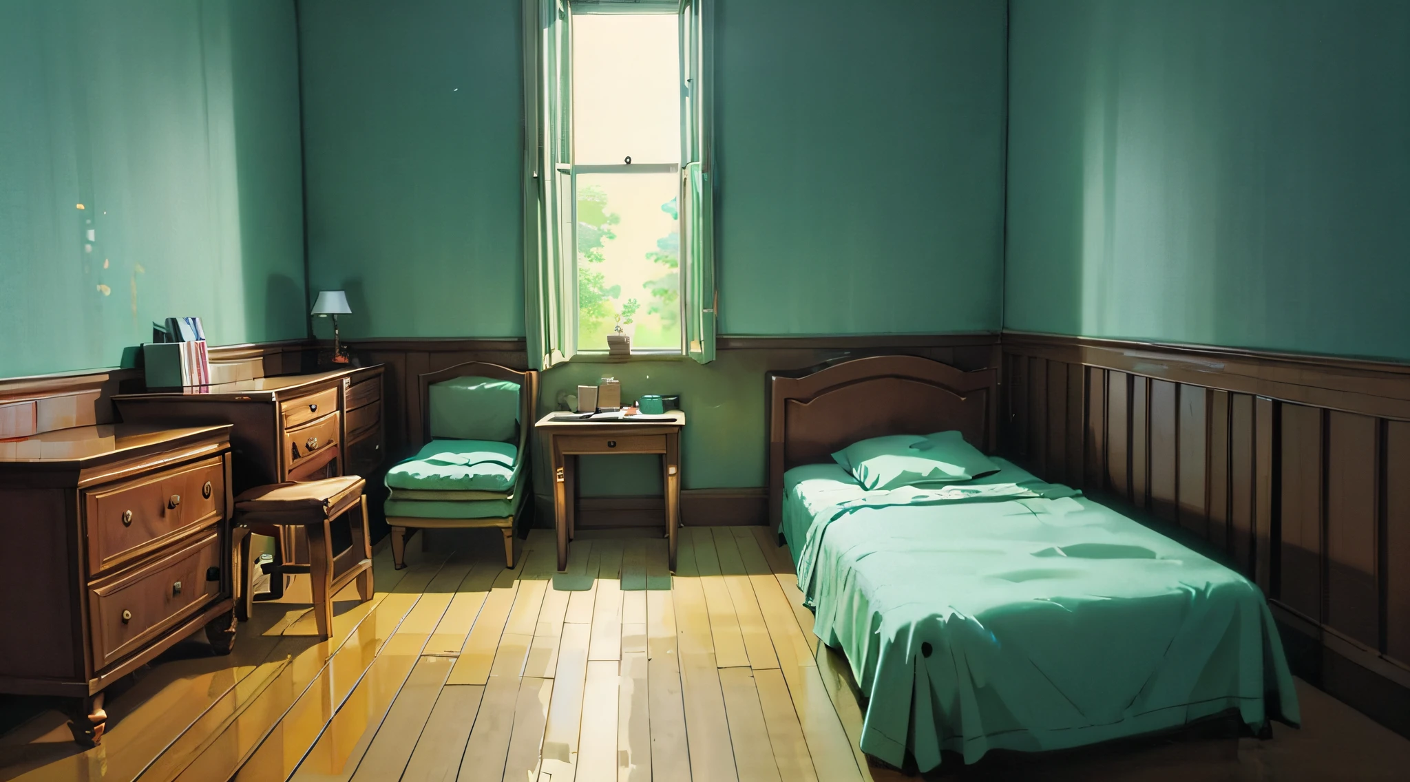 there is a room with a bed, desk, and a window, anime background art, personal room background, anime scenery, anime background, lofi colors, rpg maker style bedroom, anime. soft lighting, beautiful anime scenery, interior background art, bedroom in studio ghibli, bedroom background, anime scenery concept art, style of madhouse studio anime