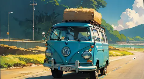 there is a van driving down the road near the beach, kombi, bulli, high quality desktop wallpaper, rob rey and kentaro miura sty...