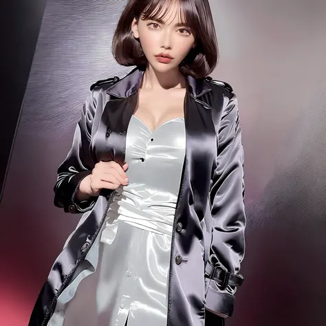 wear a satin blouse, a satent wrench coat on top, the material of the blouse and trench coat is satin, strong glossy, soft and s...