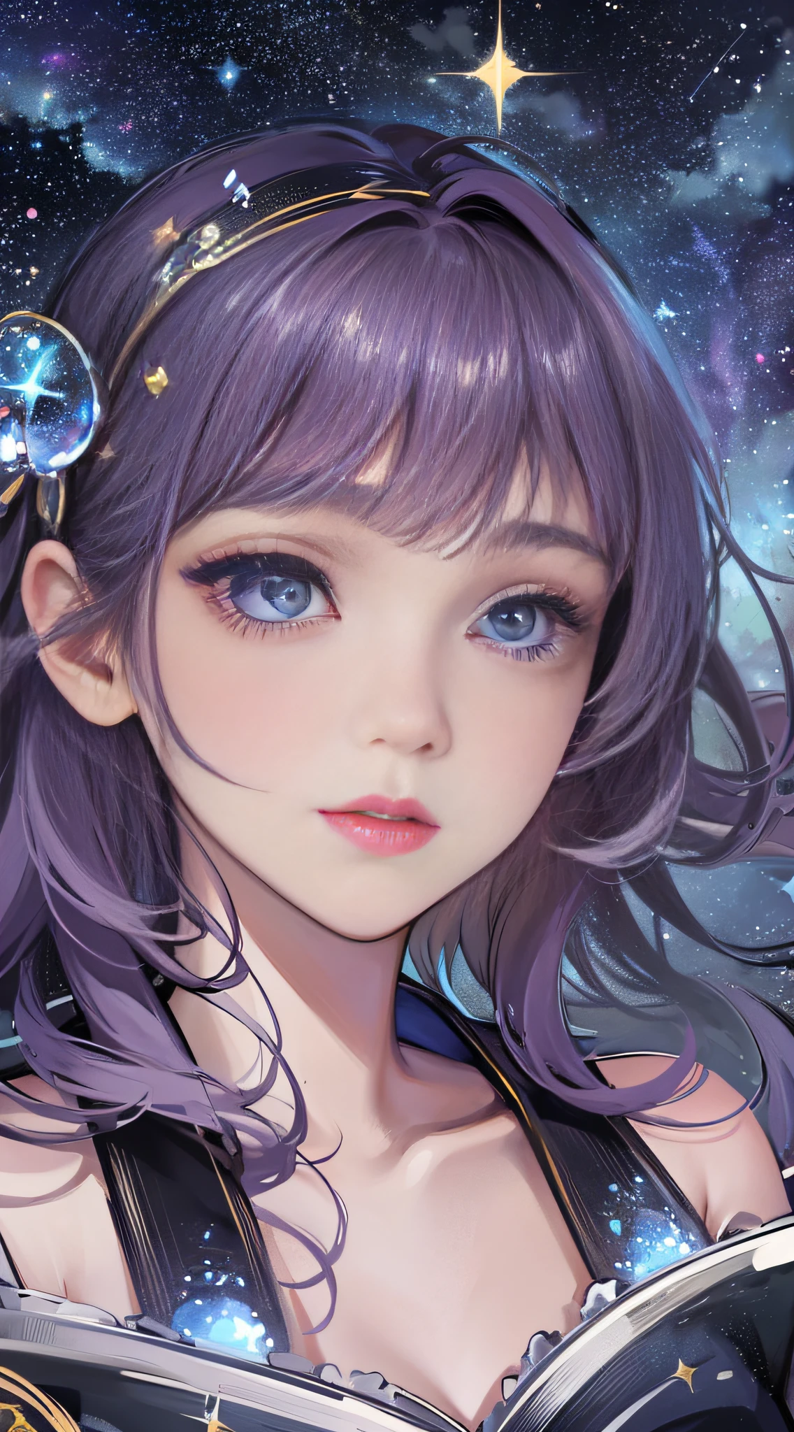 High detail, super detail, super high resolution, girl enjoying her time in the dream galaxy, surrounded by stars, warm light sprinkled on her, background is starry sky with colorful galaxies and galaxy clouds, stars flying around her, delicate face, adding playful atmosphere , --v6