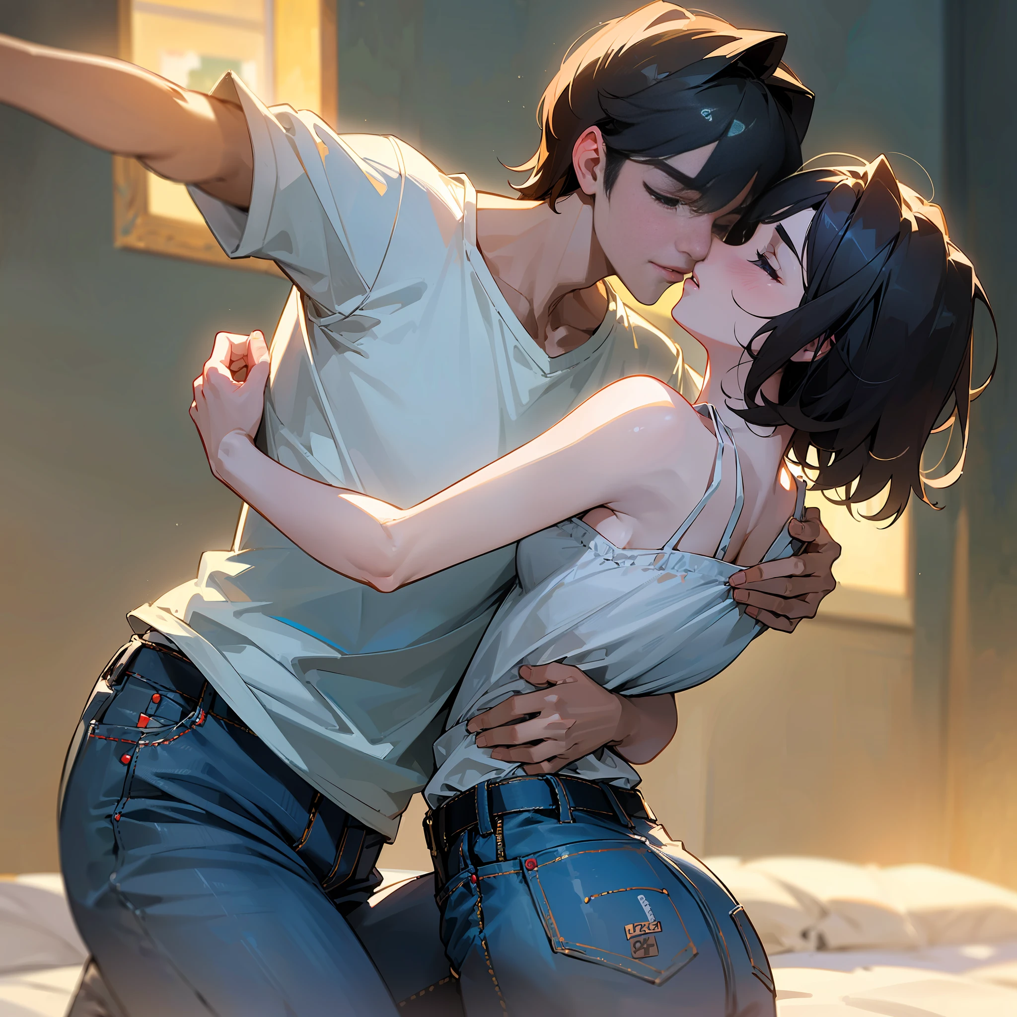 Anime couple kissing on bed with sunlight streaming through window - SeaArt  AI