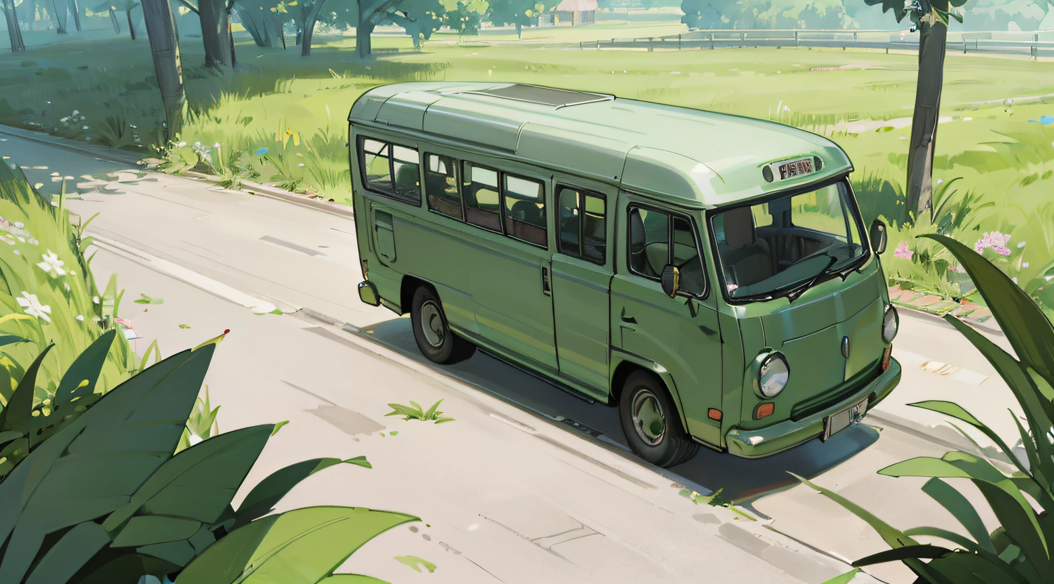 there is a green and white bus driving down the road, amazing wallpaper, kombi, high quality wallpaper, wallpaper mobile, high quality desktop wallpaper, bulli, hd wallpaper, iphone wallpaper, wallpaper 4k, wallpaper 4 k, rob rey and kentaro miura style, bussiere rutkowski andreas rocha, jen bartel