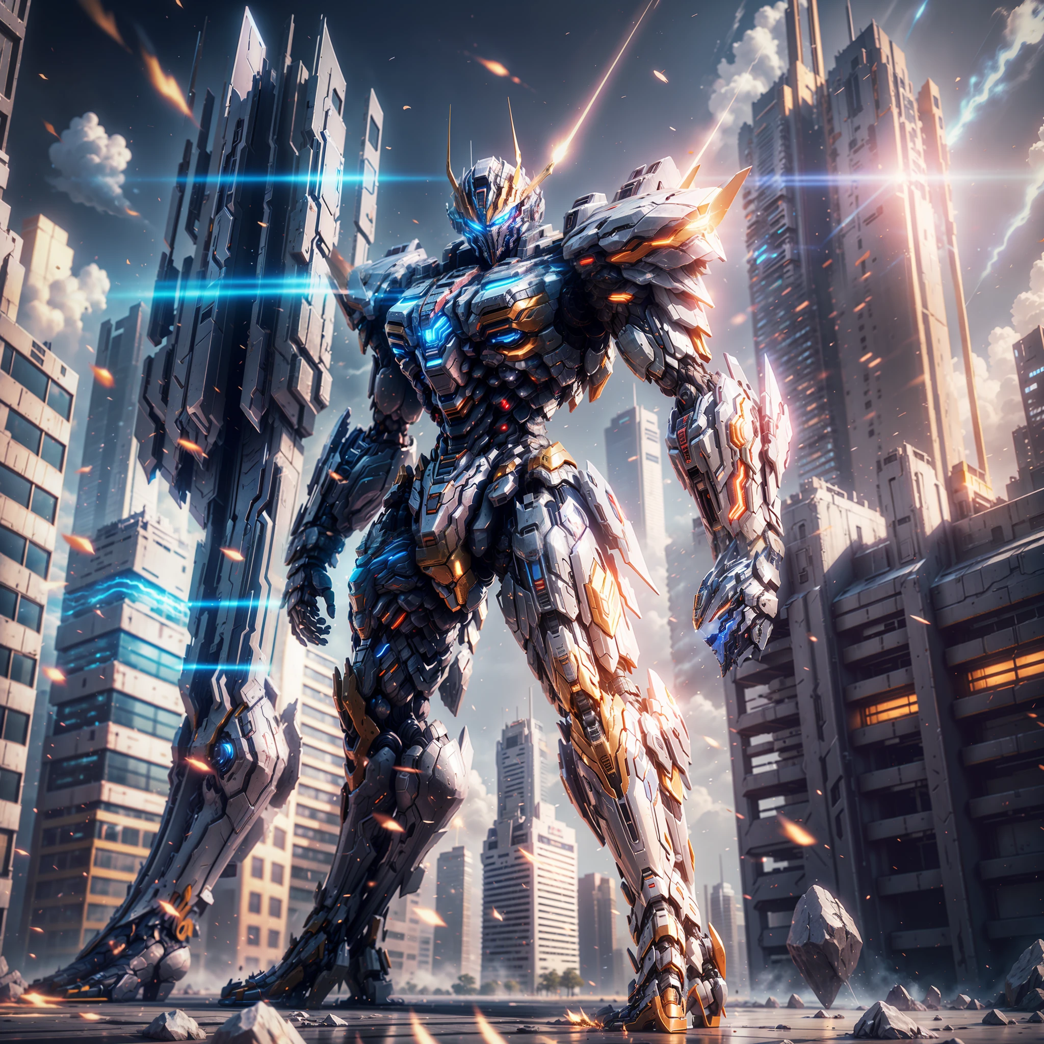 A Super Mech Warrior, Tall Building, Energy Cannon Fire, Tall and Mighty, Solid Armor, Futuristic Technology, Sharp Lines, Dynamic Styling, Mechanical Joints, Armor Plates, Sensors, Energy Weapons, Blazing Energy, Sparkling Light, Explosion Effects, Smoke, Tense Atmosphere, (Octane Rendering: 1.4), Best Quality, (Highly Realistic), (Ultra Detail: 1.5), C4D Rendering, Cinematic Quality