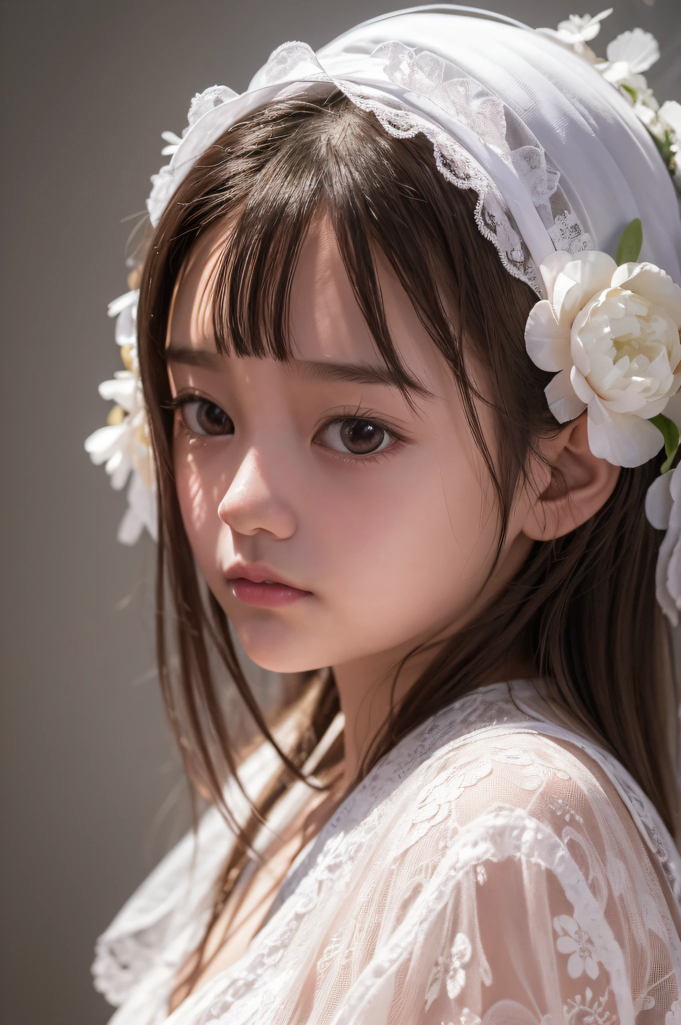 Die Anzeige eines Künstlers, 10 Jahre altes Mädchen, trägt ein weißes Blumenkleid in einem fließenden und verträumten Stil, Asiatischer Stil, in Cinema4D gerendert, aus Kristall, Ballon Wald Thema, fantastische Farben, detailliertes Design, Porträt mit weichem Fokus -- 3:4-in 5.1--s 750 --iw 2