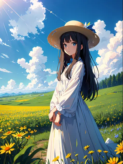 Prairie, a beauty with a sunhat standing on the prairie, big clouds, blue sky, meadow, forest, hillside, secluded, tourist attraction, HD detail, hyper-detail, cinematic, surrealism, soft light, deep field focus bokeh, ray tracing and surrealism. --v6