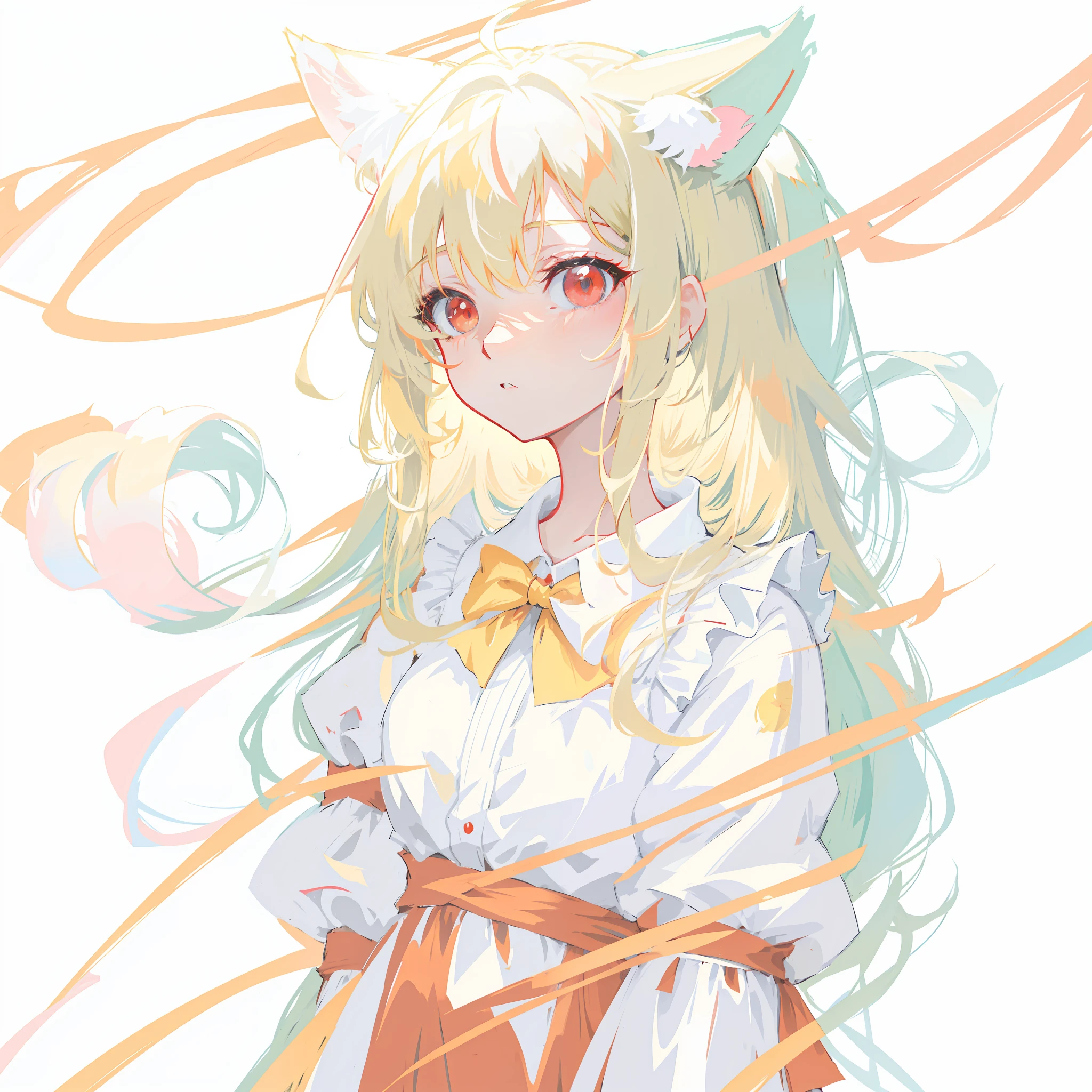 Anime girl with long blonde hair and cat ears in a white shirt - SeaArt AI