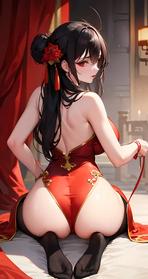 Masterpiece, Superb Body, Extremely Normal Body, Candlelight Night in the Cave House, Wedding Scene, (((Single)) (Point You By Ass) (Hands Tied +) Mature Woman, Chinese Style, (Royal Sister), Chinese Costume Red Wedding Dress, Bun, Black Long Haired Woman,...