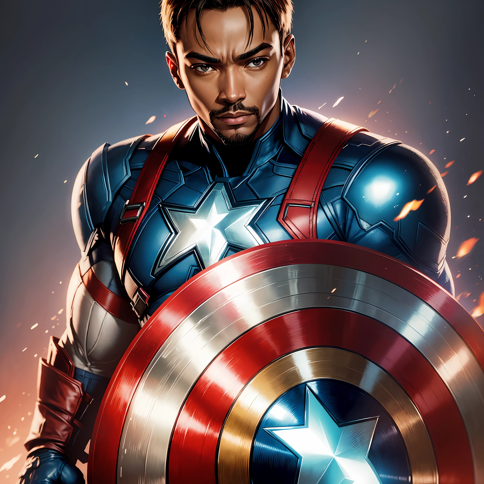 an image of Anthony Mackie dressed as Captain America, with a vibrant, flashy background. He may be holding Captain America's shield with a confident expression on his face. --auto --s2