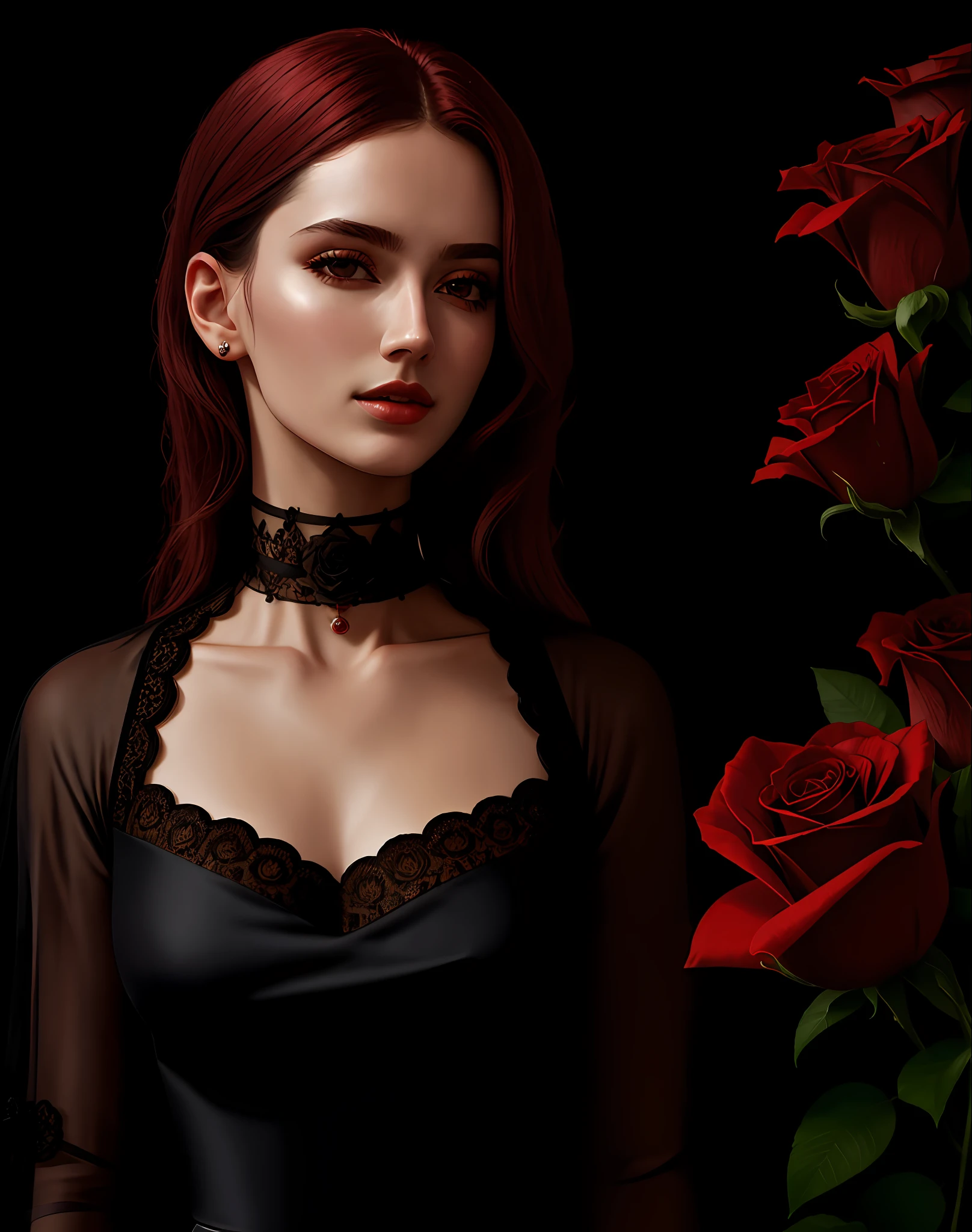 4K, Masterpiece, highres, absurdres,photorealistic, edg_choker, a woman wearing a black dress and a red rose choker , edg_choker around the neck,cowboy shot,