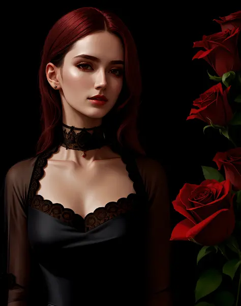 4k, masterpiece, highres, absurdres,photorealistic, edg_choker, a woman wearing a black dress and a red rose choker , edg_choker...