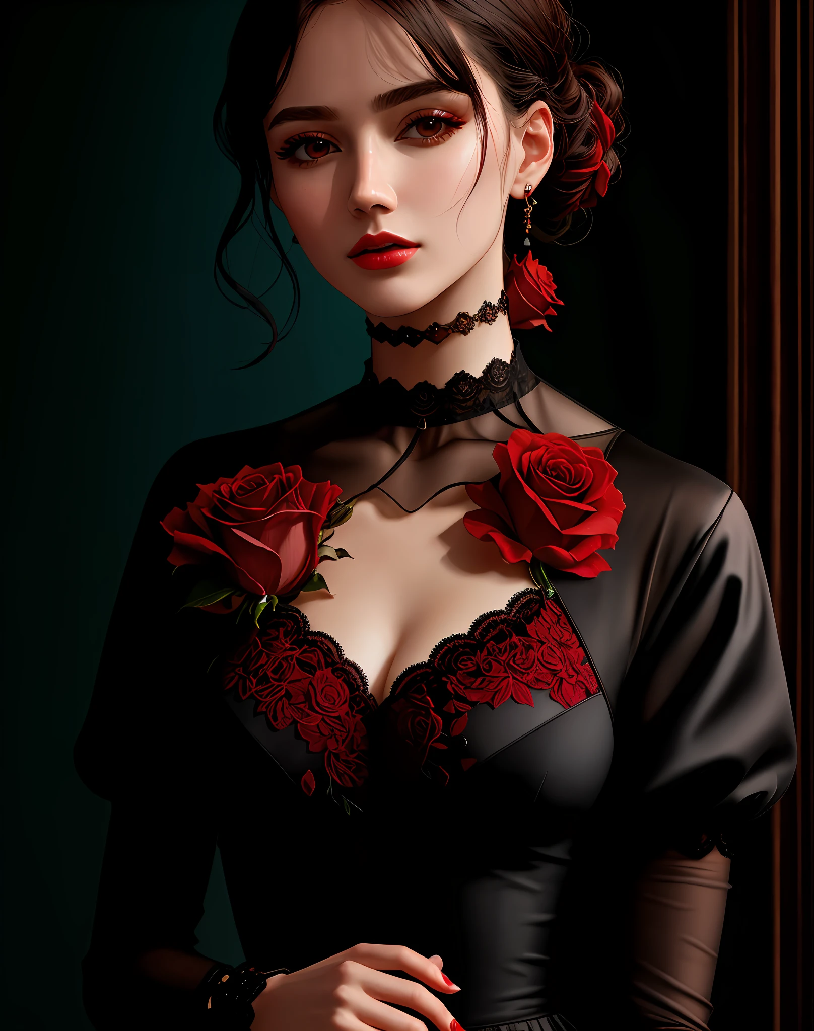 4K, Masterpiece, highres, absurdres,photorealistic, edg_choker, a woman wearing a black dress and a red rose choker , edg_choker around the neck,cowboy shot,