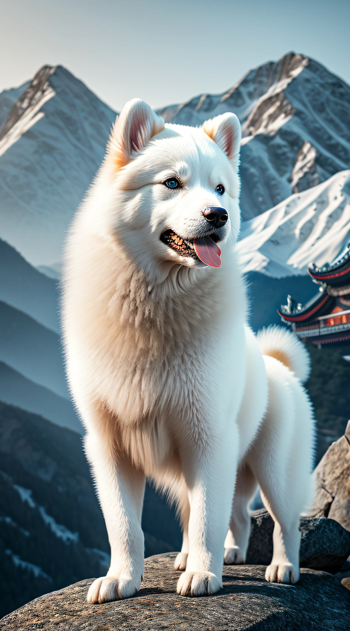 (8k, RAW photo, best quality, masterpiece: 1.2), (realistic, photorealistic: 1.3), original, extremely detailed wallpaper,(((peking opera))),(beautiful and delicate mountain),(solo), ((an albino akita dog)),(solo;1.8),((solo)),beautiful and delicate golden eyes,Large and strong,Diabolic,Tyrannica,(mountains) sharp -focus, insanely photorealistic, volumetric lighting