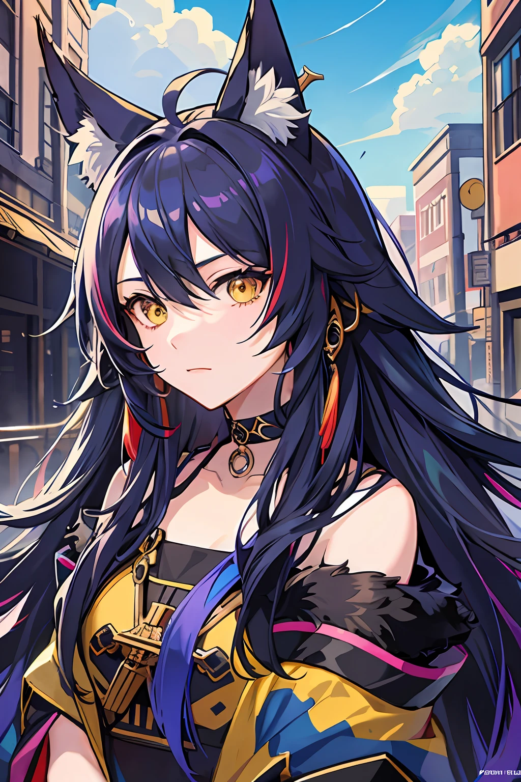 rainbow long hair, Hecate, ahoge, blue black dress, fox ears, yellow eyes, fur collar, upper body, japanese clothes, jewelry, looking at viewer, hair ornament, choker, shy, (masterpiece, top quality, best quality, official art, beautiful and aesthetic:1.2), (1 girl), extreme detailed, colorful, highest detailed, city,street, leaning, wall, sun, cloud,