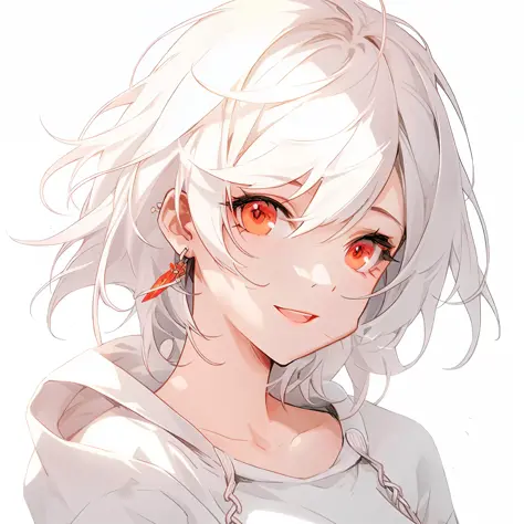 anime girl with white hair and red eyes, girl with white hair, girl with short white hair, glowing red eyes, cute girl with anim...