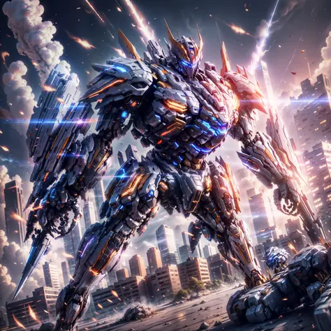A Super Mech Warrior, Holding Energy Cannon, Tall Buildings, Energy Cannon Fire, Tall and Mighty, Solid Armor, Futuristic Techno...
