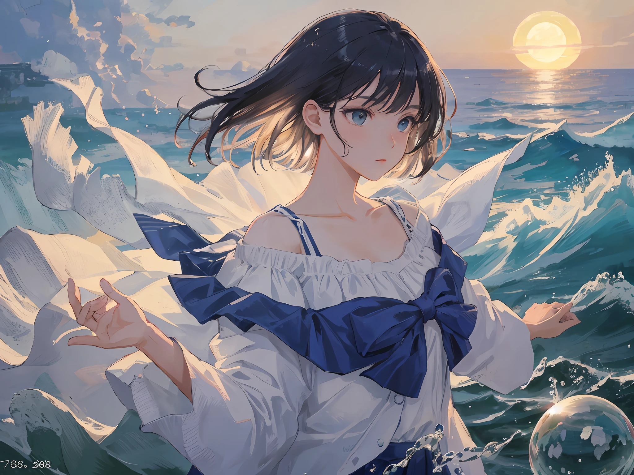 (a cool girl, sidebang), very young, crazy, stare at distance, photo, anime stylized art, best quality, ultra-detailed, extremely detailed and intricate face, adorable, water like hair, short hair. upper hands, on the beach, ambitious, ocean, floating water, water balls, american style, hair down, floating hair, wallpaper, 16K HDR, wind blow, upper body, school dress, moon and sun, off shoulder, profile collarbone, reflective bubbles, blurry