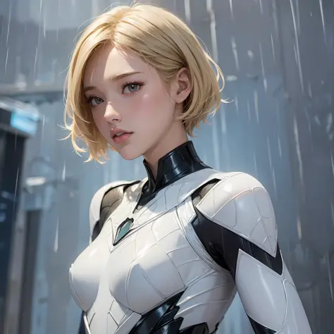 18 yo girl, white spider man suit, short blunt hair, blonde, beautiful face, rain, roof, masterpiece, intricate detail, perfect anatomy --auto --s2