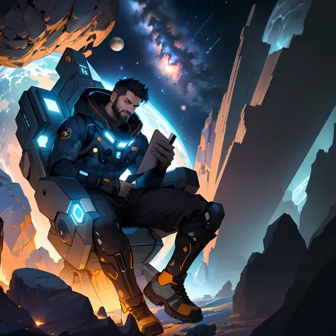 arafed man sitting on a sci - fiction looking sci - fiction - themed chair, scifi illustration, sci - fi illustrations, sci-fi illustrations, sci - fi pilot, epic sci - fi character art, epic sci-fi character art, sci-fi digital art illustration, epic scif...
