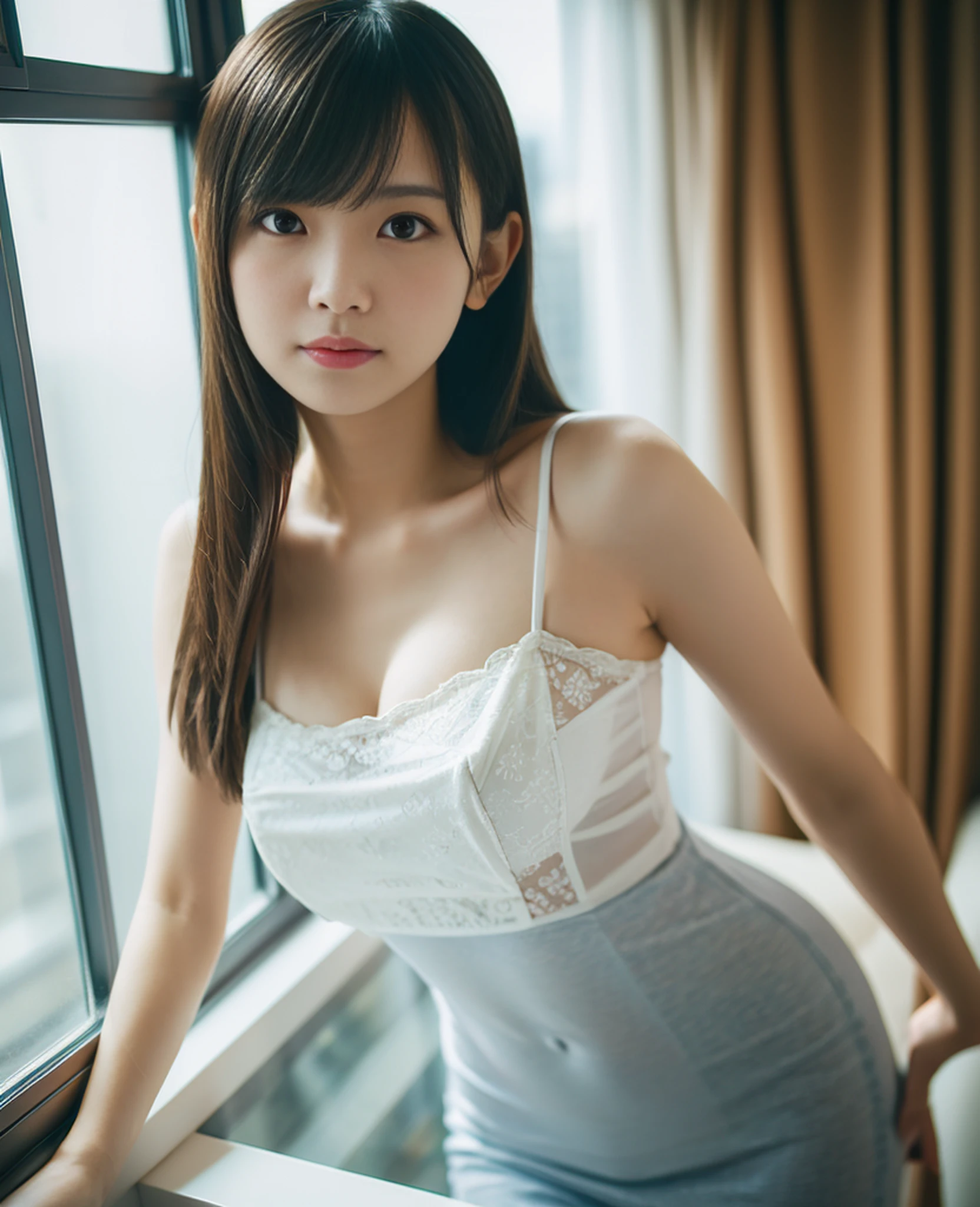 slim figure, camisole, full body, single girl, small bust, photo, realistic, best quality, adopted, detailed face, business hotel room window, building from window, detailed background, diffused sunlight, depth of field, bokeh