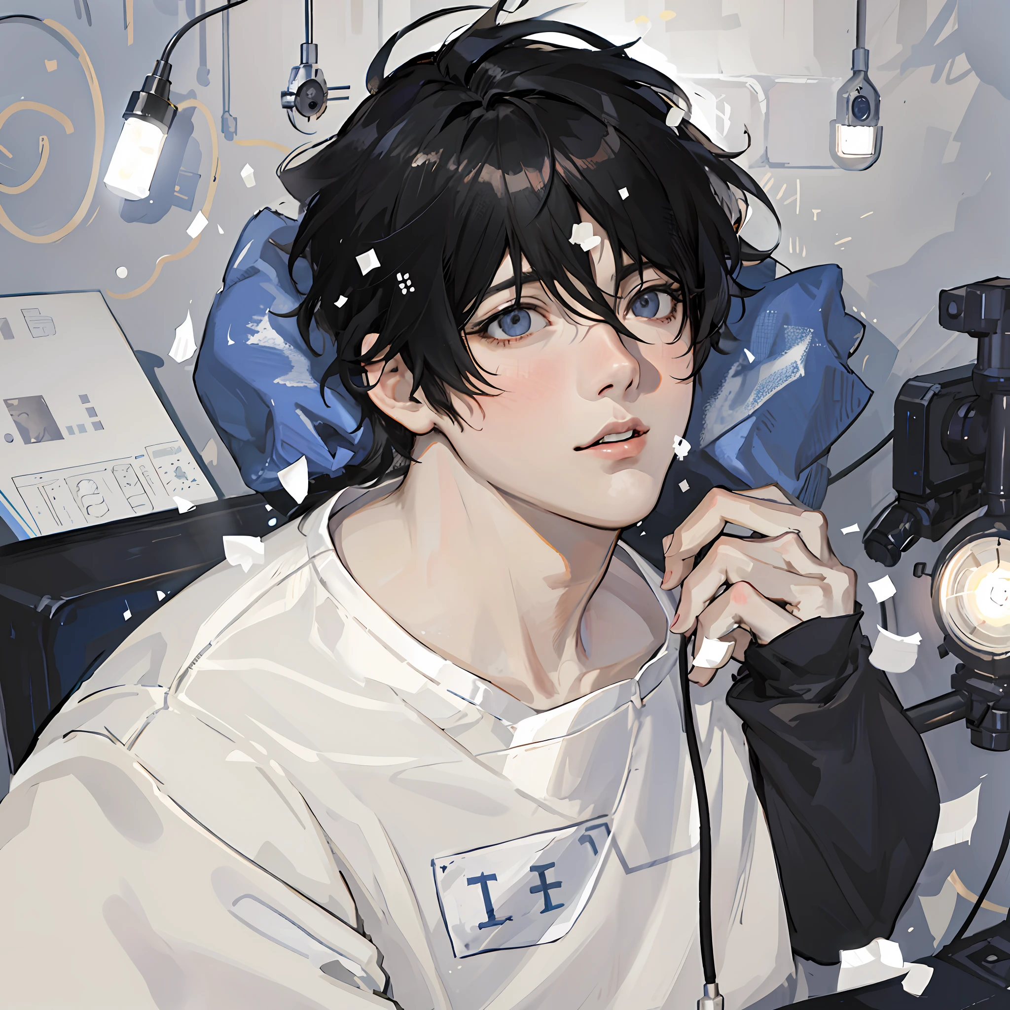 Anime boy with black hair and blue eyes sitting in hospital bed - SeaArt AI