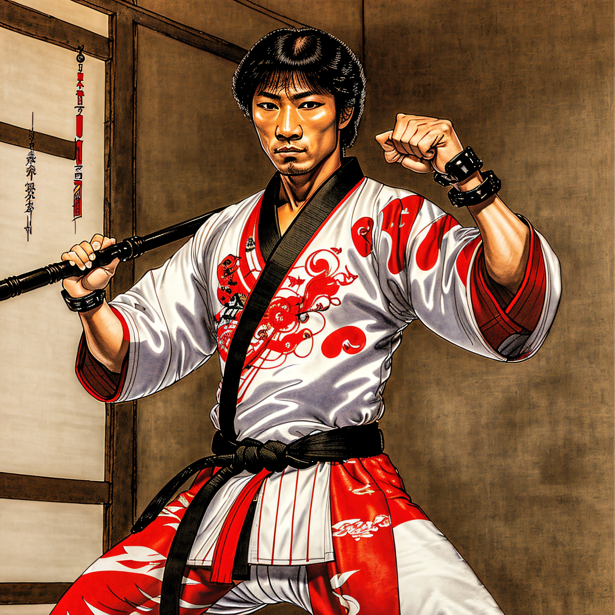karaté, kimono, salle de sport, dur, Fort,ceinture noire, Guedan-Barai, Shuto-uke, nunchaku --auto --s2
