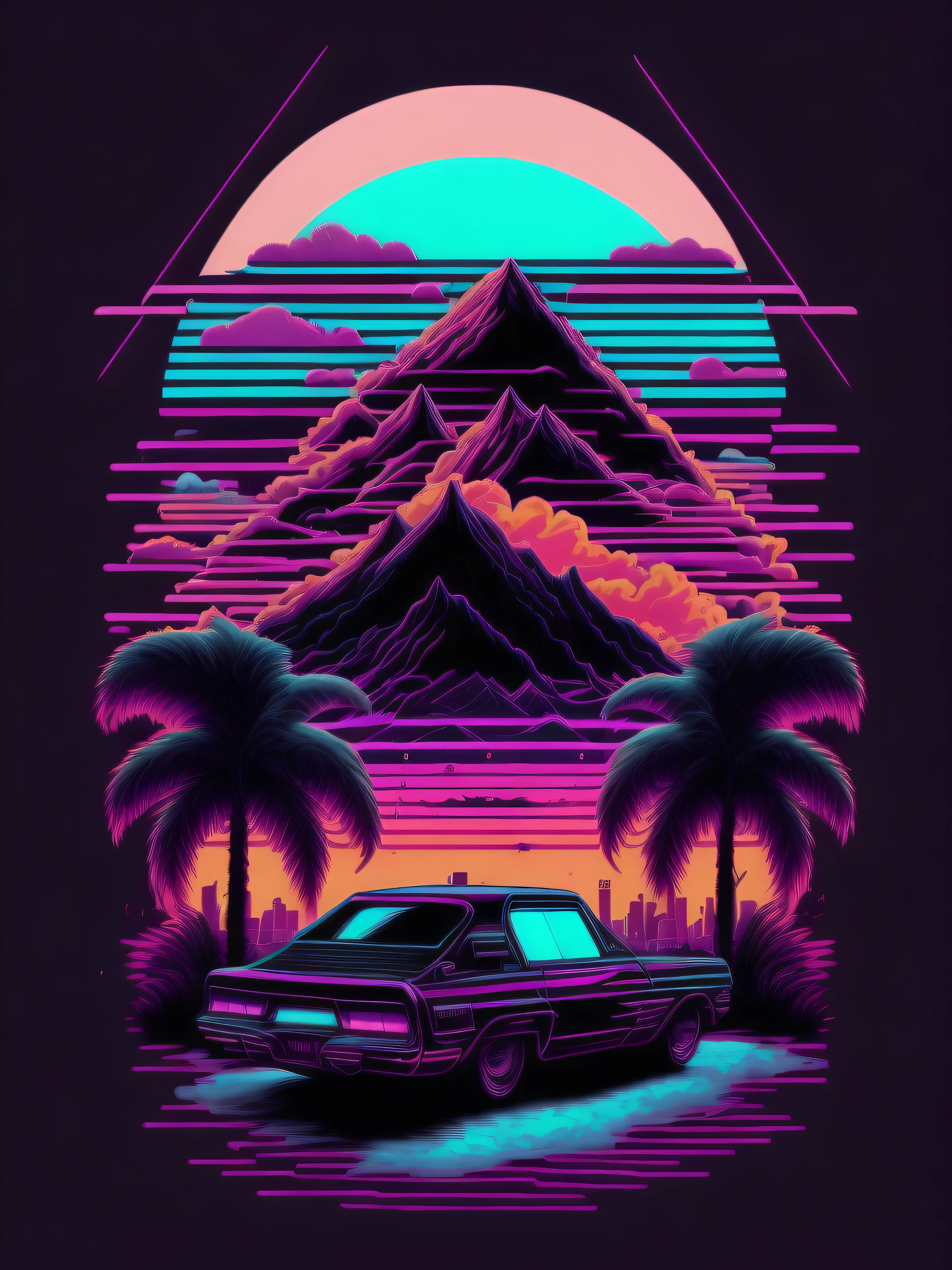 a Harmonica in front of the sunset, vaporwave style, neon style, smooth lines, vector sticker art, vector core, intricate details, black t-shirt design, 8k