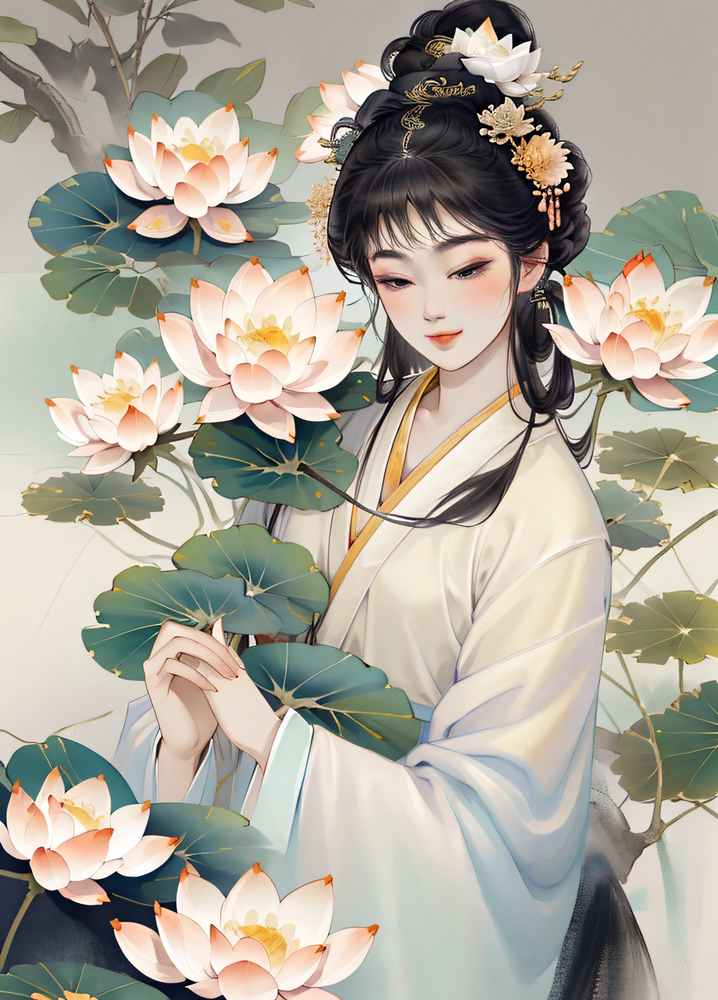 An ancient Chinese beauty, wearing ancient Chinese clothing, flowing tulle, light silk, lazy pose, big lotus leaf, lotus flower, ink painting style, clean color, decisive cut, blank space, freehand, masterpiece, super detailed , epic composition, high quality, highest quality, 4k --v 6