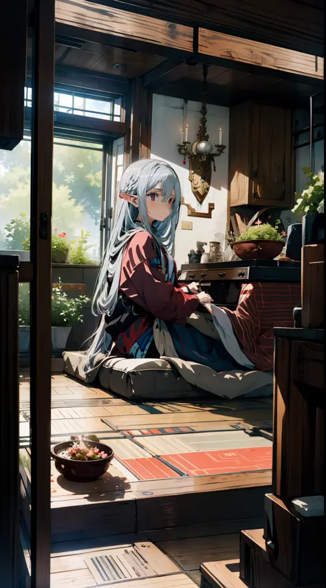 1 girl, elf, silver hair, red eyes, sitting on kotatsu, concept art, beautiful anime scene, beautiful anime scenery, top rating ...