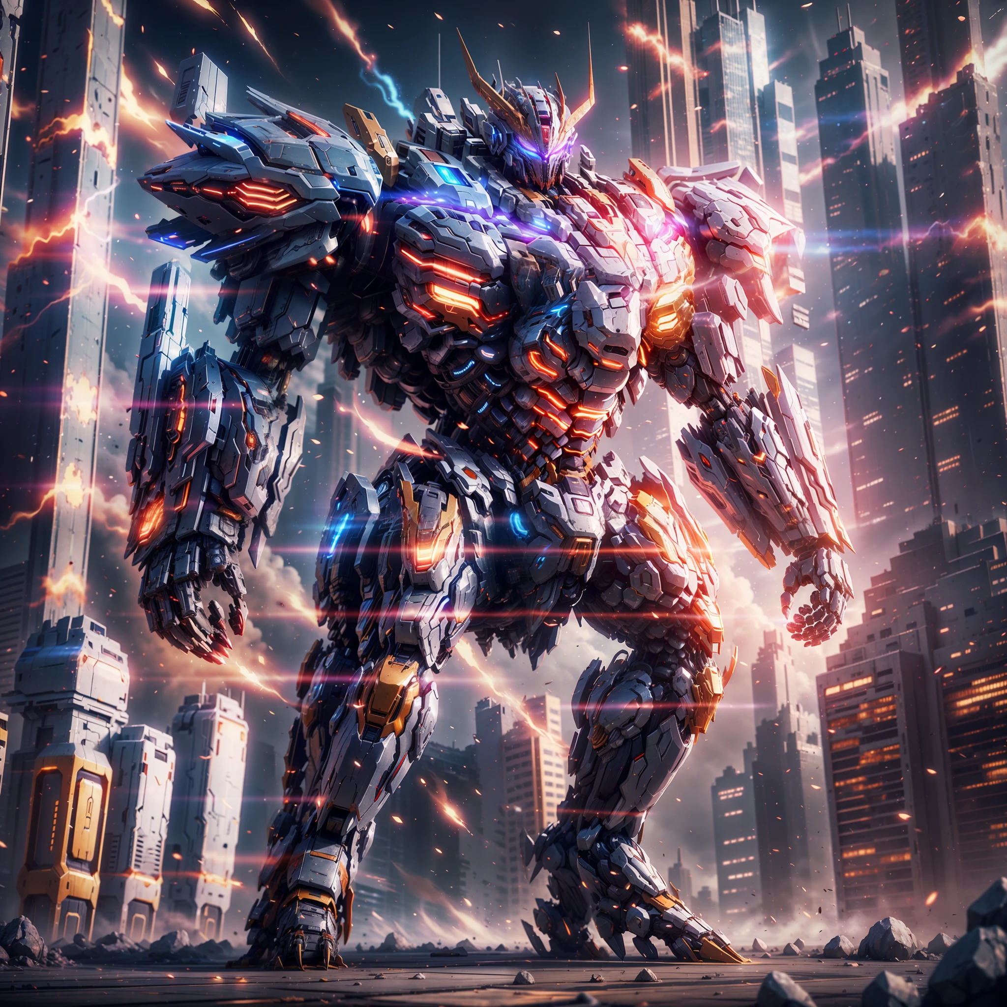 A super mech with a huge energy cannon on its back, facing the camera high-rise building, energy cannon fire, tall and mighty, solid armor, futuristic technology, sharp lines, dynamic shapes, mechanical joints, armor plates, sensors, energy weapons, blazing energy, shining light, explosion effect, smoke and dust, tense atmosphere, (octane rendering: 1.4), best quality, (highly realistic), (super detail: 1.5), C4D rendering, cinematic quality