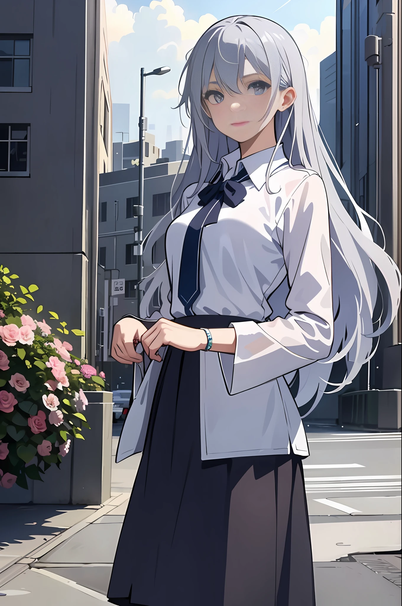 Masterpiece, best quality, 1 girl, front, looking at the audience,silver hair, long hair, blue eyes, rain, looking at the audience, (wet shirt), school uniform, white shirt, outdoors, flowers, cloudy sky, (NFWS1.5)