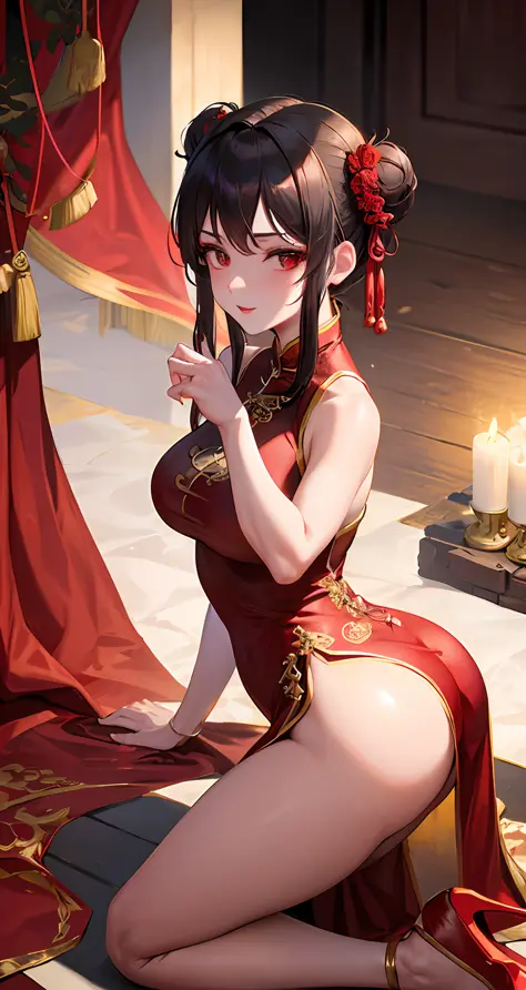 Masterpiece, Superb Body, Extremely Normal Body, Candlelight Night in the Cave House, Wedding Scene, ((Single +)) (Kneeling Position) (Point You By Ass) Mature Woman, Chinese Style, (Royal Sister), Chinese Costume Red Wedding Dress, Hair Bun, Black Long Ha...