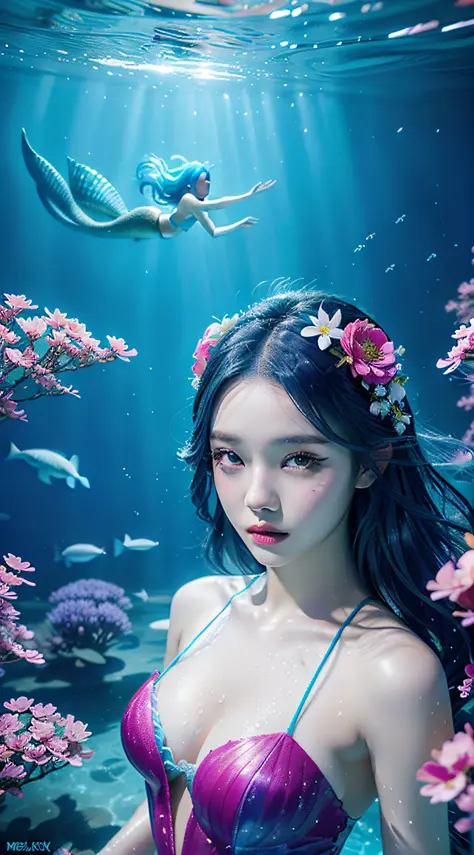 Close-up through a fish tank filled with fiirl stands behind a fish tank  and watches the audience，Long green hair，Dull hair，sparkle eyes，Seductive  to the eye，The corners of the mouth are upturned，HD quality  wallpaper，refracted