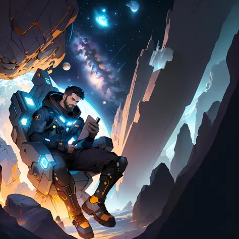 arafed image of a man sitting on a giant rock with a book, android jones and rhads, borne space library artwork, epic full color illustration, scifi illustration, jen bartel, epic sci-fi character art, epic scifi character art, makoto shinkai ( apex legend...
