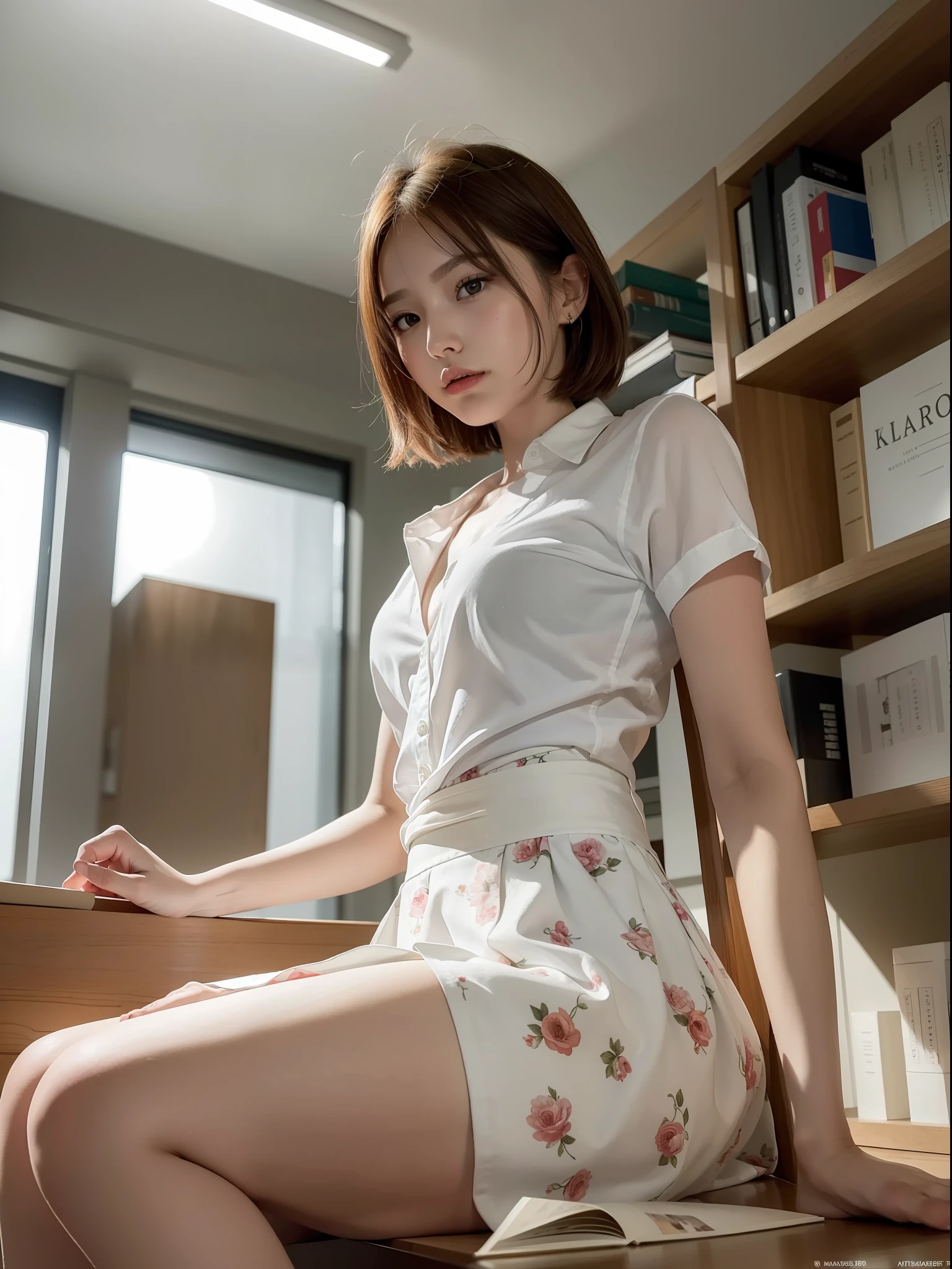 ((Best quality, 8k, Masterpiece: 1.3)), Sharp focus: 1.2, (1 aespa girl: 1.1), beautiful face girl, cute face, age 28, small breasts, flat chest, brunette short hair, sitting chair, white summer shirt, skirt, office room, books, sunlight, dramatic angle, kindness, cinematic lighting, from below, (8k, masterpiece, best quality, raw photo)
