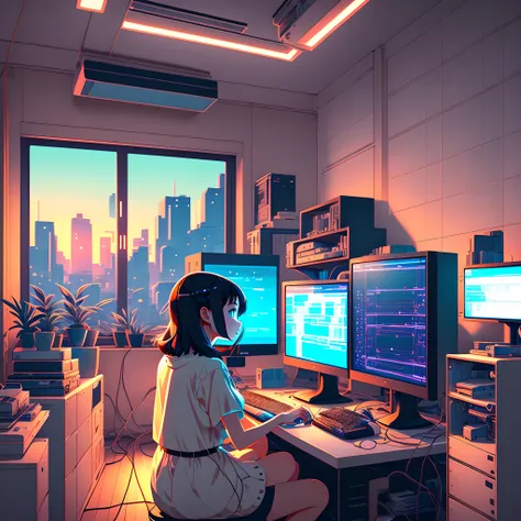 Create a high resolution artwork of Anime Girl is programming at a ...