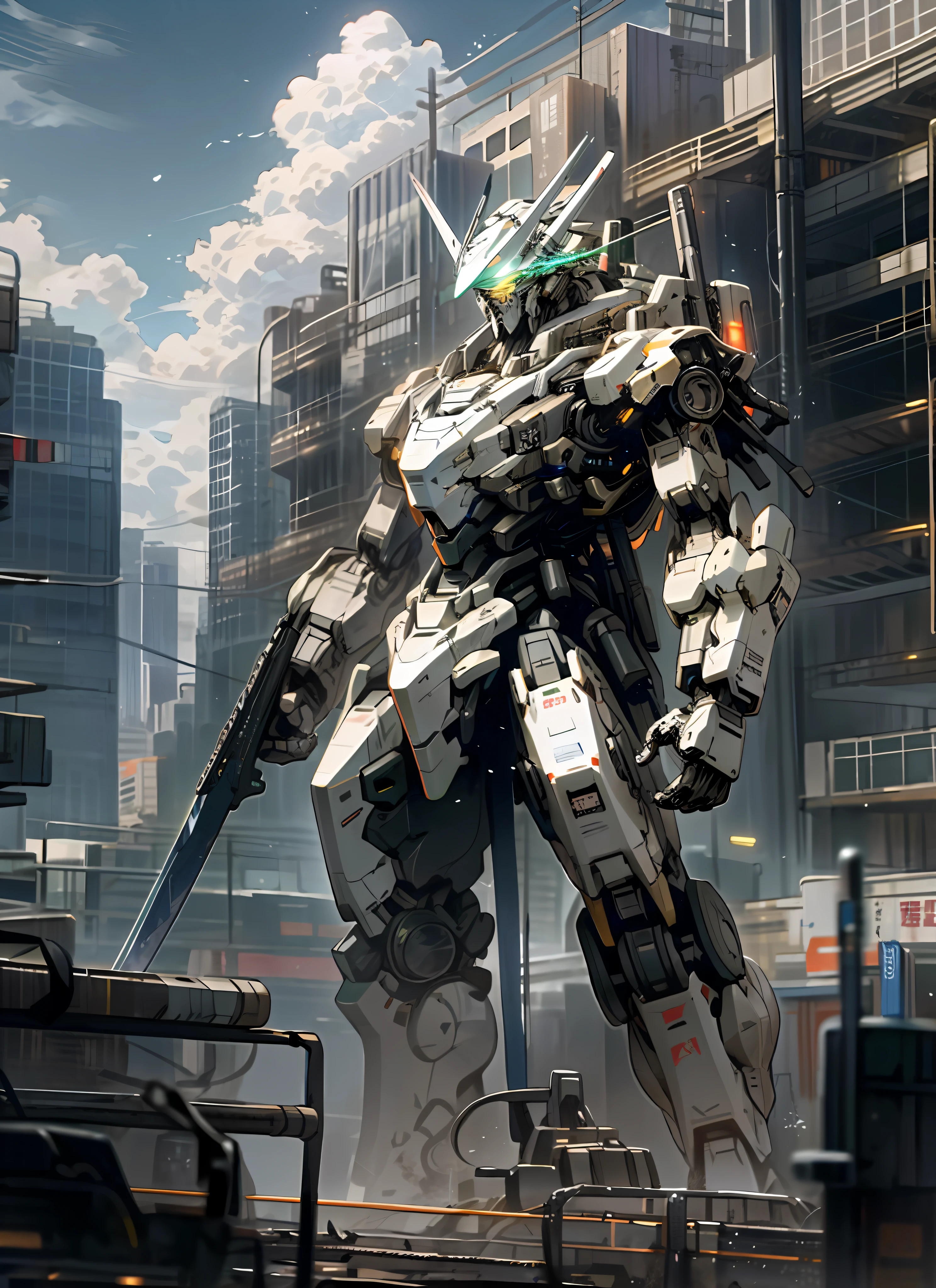 Sky, Clouds, holding_weapon, no_humans, Glow, Robot, Full Figure, Architecture, glowing_eyes, Mecha, Science Fiction, City, Reality, Mecha